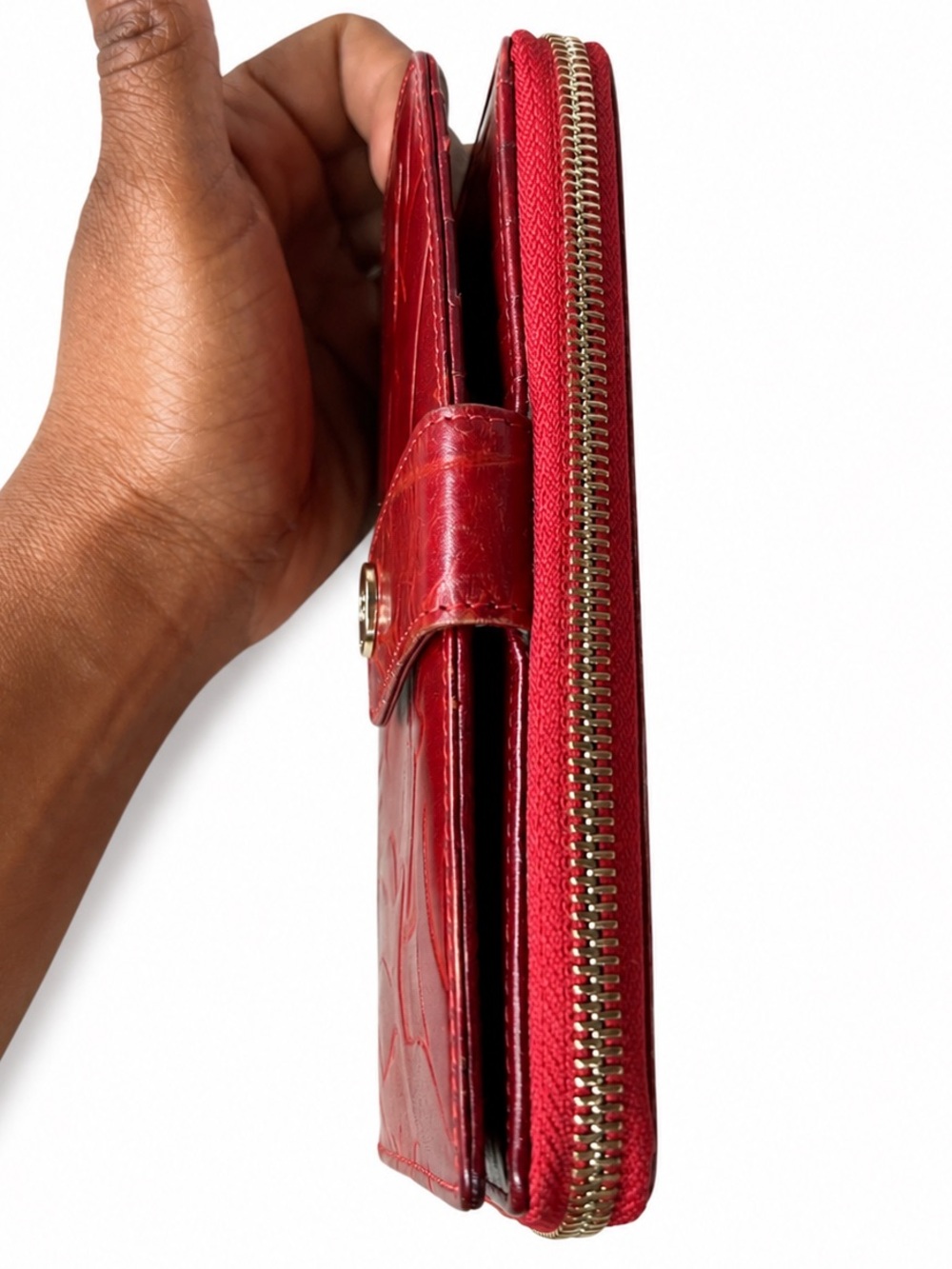 Valentina Italian Genuine Leather Red Embossed Floral Zip Around Wallet - Picture 3 of 9